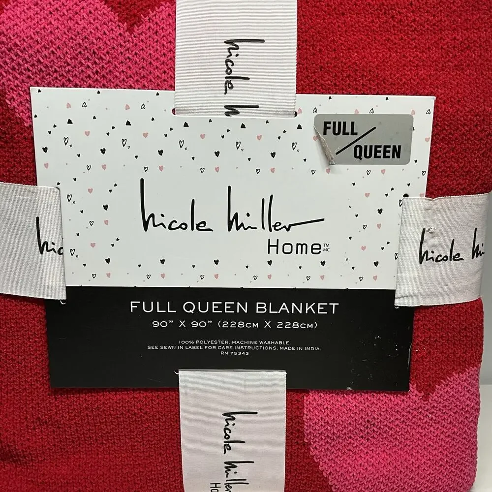 Nicole Miller Blanket Full/Queen Hearts RED PINK 90”x90” Super Soft NEW!